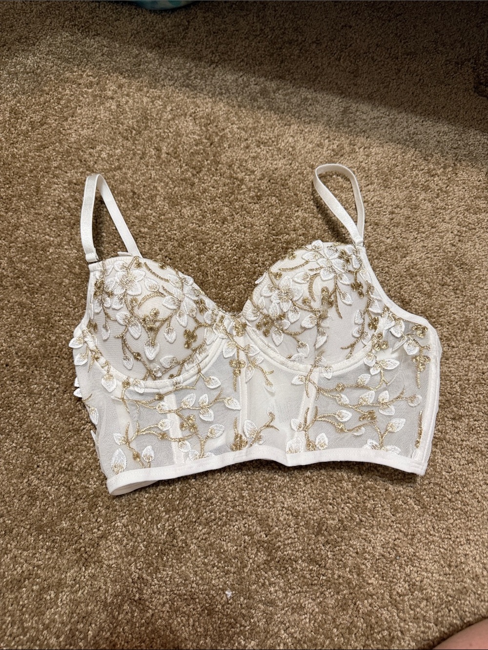 White Embroidered Sheer Longline Bralette with Gold Thread